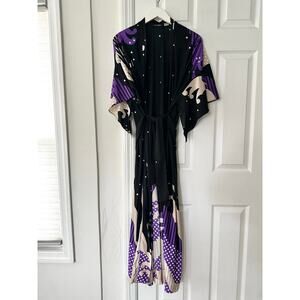 Hanae Mori for Sandcastles Vintage Satin Asian Kimono Slinky Robe Black Purple M